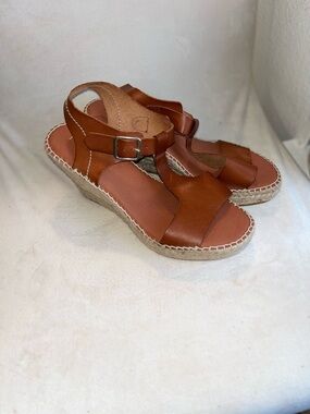 Minelli Brown‎ Leather Espadrille Wedge Sandals